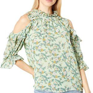 Max Studio Floral Georgette Open Cold-shoulder Green Ruffle Top sz S NWT